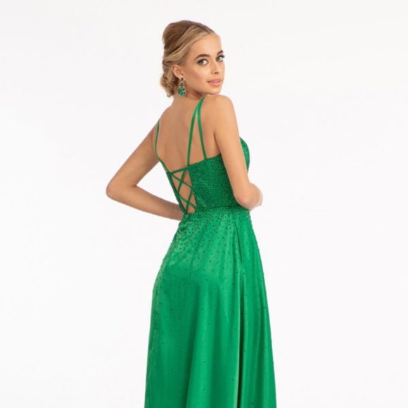 NEW GREEN LONG A-LINE DRESS WITH STRAPS ILLUSION SWEETHEART PROM GOWN GL3039 - Picture 5 of 8